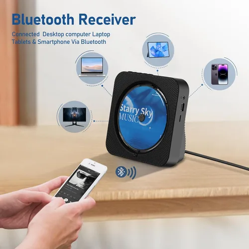 Miniatura 4 de Reproductor de CD portátil Bluetooth 5.1 reproductor de CD de escritorio con altavoces de sonido de alta fidelidad, control remoto, cubierta Negro