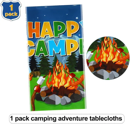 Miniatura 3 de Tegeme Mantel de plástico con temática de fogata y bosque, 1 pieza, para campamento, fiesta, suministros de decoración