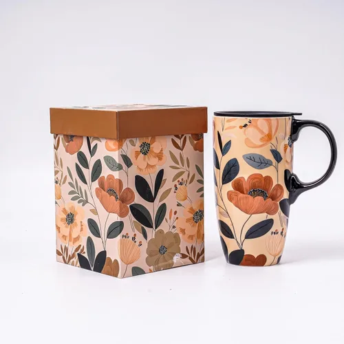 Topadorn Taza de Cerámica para Café de Porcelana Latte Taza de Té Con Tapa en Caja de Regalo 17oz, Hojas y Flores