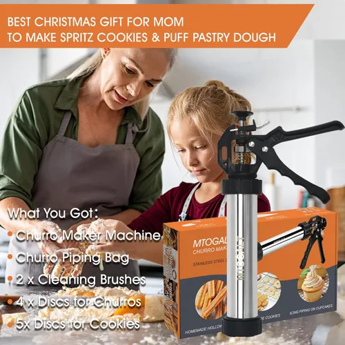 Miniatura 7 de Máquina para hacer churros, kit de pistola Churro de acero inoxidable de 21 piezas, pistola para hacer churros, juego de prensa de galletas, churro