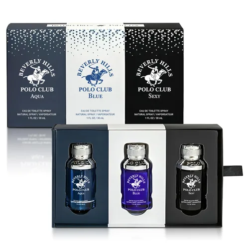 Beverly Hills Polo Club Set de regalo de Eau de Toilette para hombre, colección Slider de 3 piezas (aguamarina, azul y sexy), trío de fragancias EDT