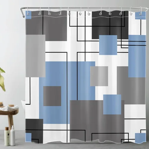 Miniatura 21 de LB Cortina de ducha geométrica a rayas grises y blancas, cortinas de ducha abstractas de mediados de siglo verde salvia para baño, 72 x 72 pulgadas