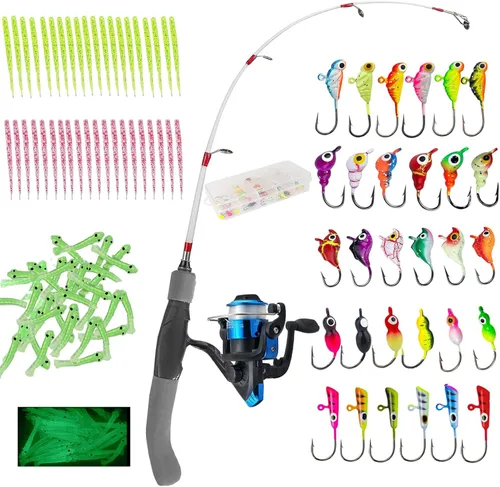 Generic 122 piezas de carrete de caña de pescar en hielo, kit de caña de pescar de hielo de luz media de 24 pulgadas con plantillas de pesca en