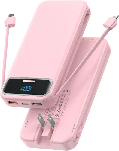 Miniatura 12 de Cargador portátil, 20000 mAh 22.5 W, cargador de batería de carga rápida con cables integrados y enchufe de pared, batería externa esencial de viaje
