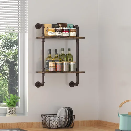 Miniatura 4 de Helsin - Estantes flotantes de tubería industrial de 2 niveles para baño, estante de madera rústica de 16 pulgadas montado en la pared, estante