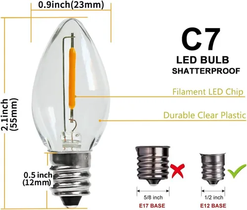 Miniatura 2 de KGC Bombilla LED de Navidad C7, bombillas LED de base E12, 0.6 W, 2200 K, blanco cálido, 50 lm, luces nocturnas de plástico transparente, bombillas