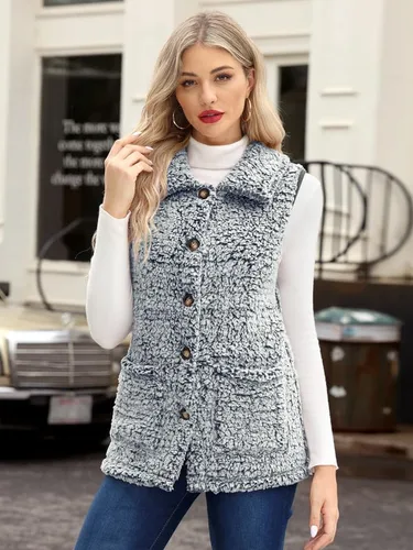 Miniatura 3 de Spadehill Chaleco de forro polar para mujer, chaleco de solapa cálido para otoño e invierno