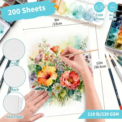 Miniatura 2 de OSIMIG 200 hojas de papel de acuarela de 9 x 12 pulgadas a granel, 110 libras/8.11 oz/m² de prensa en frío, almohadilla de papel de color de agua