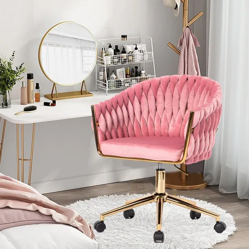 Miniatura 10 de Silla de tocador de terciopelo con respaldo y ruedas, bonita silla de escritorio de oficina pequeña, silla giratoria de maquillaje con brazo