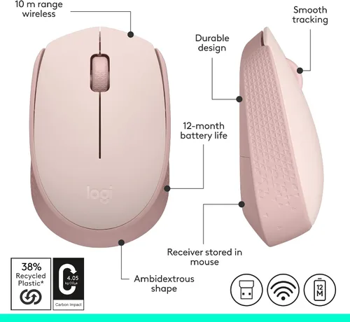 Miniatura 8 de Logitech Mouse inalámbrico M170 para PC, Mac, laptop, 2.4 GHz con mini receptor USB, seguimiento óptico, duración de la batería de 12 meses, Rosa