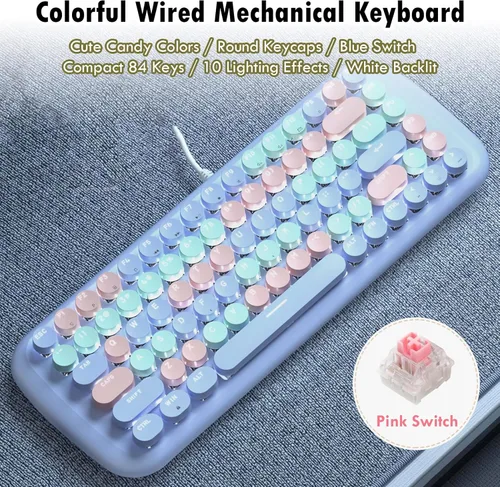 Miniatura 2 de Lomiluskr Lindo teclado mecánico con cable colorido para niñas y niños, teclas redondas, 84 teclas compactas, 10 efectos de iluminación Azul