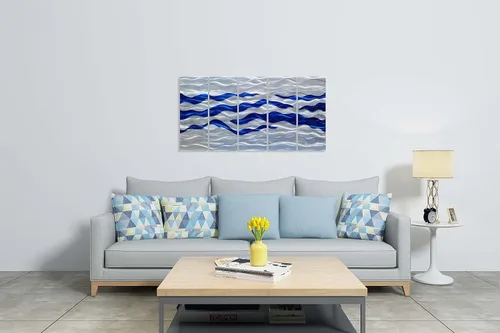Miniatura 4 de SYGALLERIER Arte de pared abstracto de metal costero, hecho a mano, gran 3D, azul y plateado, ilustraciones modernas de olas de mar, escultura