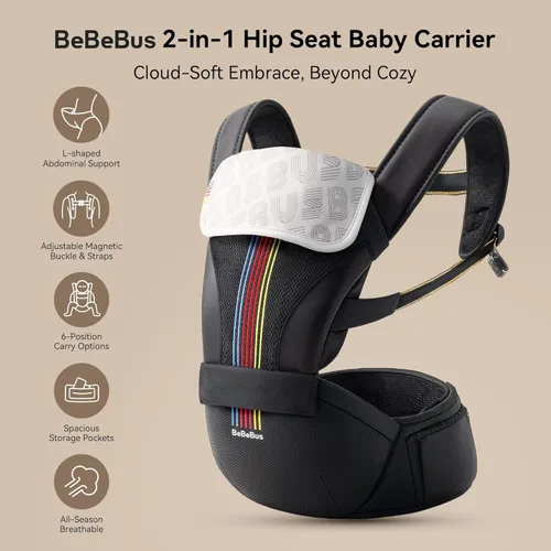 Baby Carrier with Hip Seat, BeBeBus 2-in-1 Ergonomic Newborn to Toddler Carrier up to 44 lbs, Detachable Hands-Free for Infant, All Season Carry,