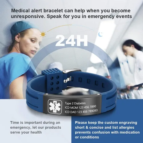 Miniatura 3 de OPALSTOCK Pulseras médicas personalizadas de silicona ajustable para identificación de emergencias, grabado gratuito, 9 pulgadas, resistente al