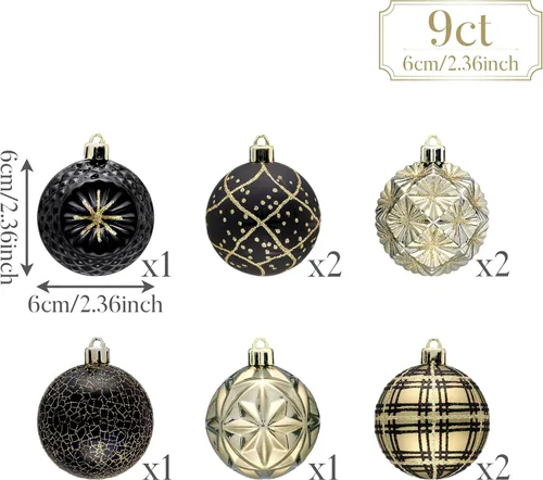 Miniatura 3 de Valery Madelyn Adornos para árboles de Navidad, 9 unidades, 2.36 pulgadas, negro y dorado, irrompibles, adornos de bola colgante de lujo