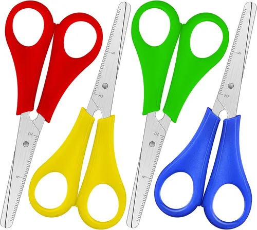 Tijeras infantiles de 5 pulgadas, paquete de 4 tijeras escolares de seguridad para niños, acero inoxidable, colores surtidos, zurdos o diestros