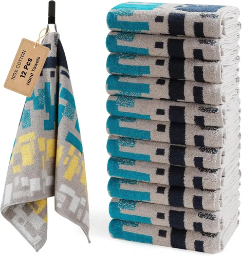 Miniatura 10 de SEMAXE Paquete de 12 toallas de mano para baño, toallas 100% algodón con bucles para colgar, suaves y altamente absorbentes, juego de toallas