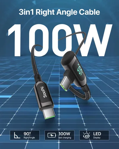 Miniatura 3 de SOOPII 100W Cable USB C a USB C de Ángulo Recto, Cable de Aleación de Zinc de 1 Pie de Tipo-C Trenzado de Nylon con Pantalla LED para iPad
