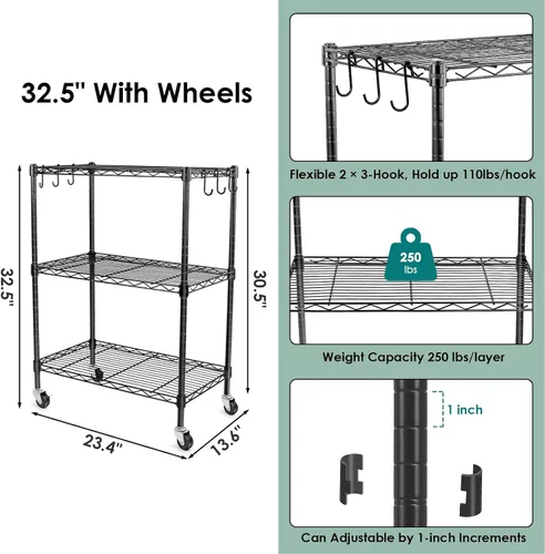 Miniatura 2 de WDT Estantes de almacenamiento de 3 niveles, estantes de metal resistente, estante ajustable con ruedas para oficina en casa, garaje, cocina, baño