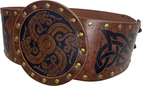 Miniatura 3 de HiiFeuer Viking Cinturón ancho en relieve, cinturón nórdico de piel sintética con corsé de caballero, disfraz LARP de Halloween