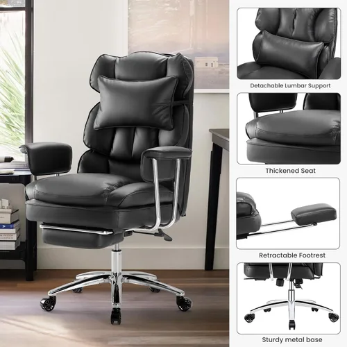 Miniatura 8 de OLIXIS Silla de escritorio para oficina en casa, cómoda con reposapiés, soporte ergonómico de cuero sintético grande y alto, ruedas giratorias