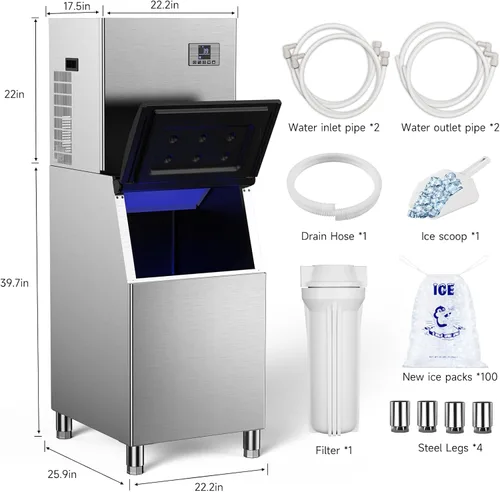 Miniatura 7 de Máquina comercial para hacer hielo 650 libras/24 horas, 12 ajustes de grosor ajustable, almacenamiento de 400 libras, máquina de hielo comercial
