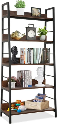 Himimi Estantería industrial, estante de escalera grande de 5 niveles, estante de almacenamiento independiente, estantes inclinados para libros,