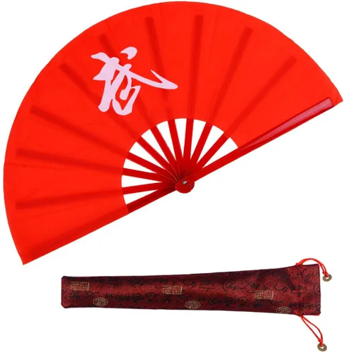 Miniatura 8 de Ventilador de mano plegable de baile, 13 pulgadas, color rojo, grande, chino, Kung Fu Tai Chi, plástico y nailon para hombres y mujeres