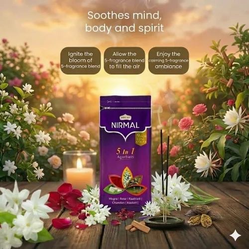 Miniatura 6 de Shubhkart Nirmal - Varitas de incienso aromático 5 en 1, paquete de 2 (200 varitas en total). Mezclas surtidas: rosa, mogra, sándalo, jazmín
