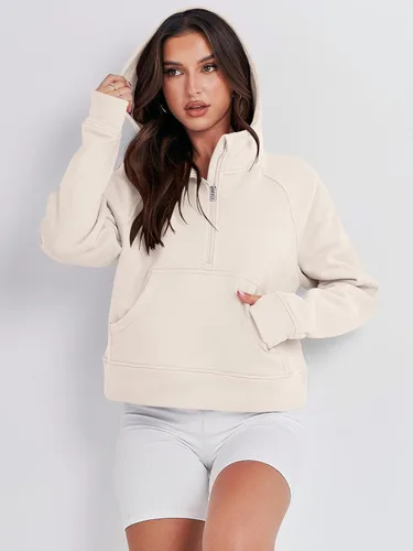 Miniatura 8 de ANRABESS Sudaderas con capucha corta con media cremallera para mujer, sudadera de forro polar con cremallera de un cuarto, ropa de invierno 2023