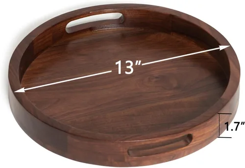Miniatura 9 de Bandeja redonda de mesa otomana de 13 x 13 pulgadas, bandeja circular de madera maciza de nogal negro con asa para otomana de gran