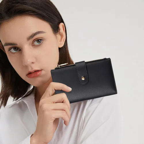 Miniatura 6 de Billetera con bloqueo RFID para mujer, delgada y delgada, de cuero plegable, funda de tarjetas de gran capacidad, cartera larga para mujer