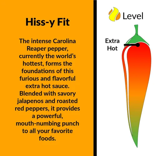 Miniatura 3 de Fat Cat Gourmet - Salsa picante "Hiss-y Fit" Carolina Reaper Salsa picante fuerte Para alas, sopas, sándwiches, pizza, tacos Extra caliente