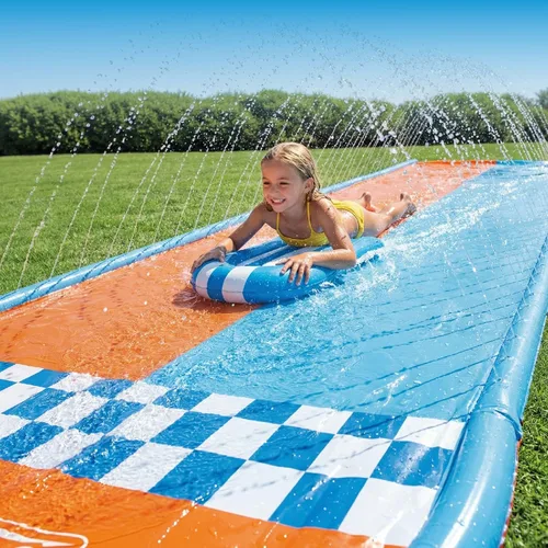 Miniatura 6 de Tobogán acuático inflable con 2 tablas de bodyboard, toboganes de agua de 22.5 pies para patio trasero de niños, sistema de rociadores multivías