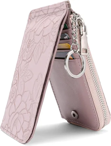 Miniatura 7 de GAEKEAO Cartera pequeña porta tarjetas de crédito para mujeres RFID de cuero delgada tipo pulsera con llavero y bolsillo con cremallera, Negro