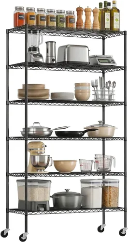 PayLessHere Estante de alambre de 6 niveles con ruedas | 48 x 18 x 82 pulgadas | Negro | Estantes ajustables | Estantes de almacenamiento de alta