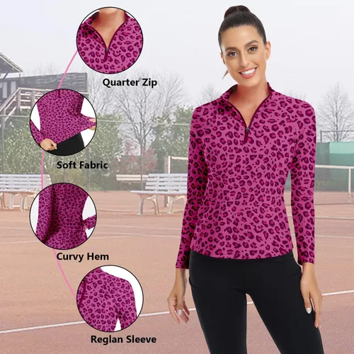 Miniatura 111 de WOWENY Camiseta deportiva de manga larga para mujer, con cremallera de un cuarto, cuello para entrenamiento, camiseta de tenis con estampado