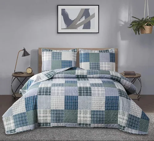 Miniatura 11 de Juego de edredón tamaño Queen, colcha a cuadros, cubrecama Queen, edredones Queen de retazos, ropa de cama para hombres colección a cuadros, colcha