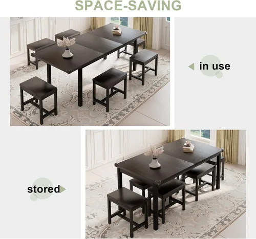 Miniatura 6 de Feonase Juego de mesa de comedor de 5 piezas para 4-8 personas, juego de mesa de cocina grande extensible de 63 pulgadas con 2 bancos y 2 taburetes