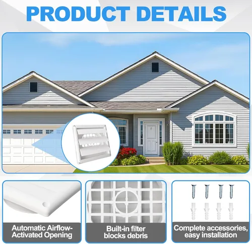 Miniatura 7 de Cubierta de ventilación exterior de 4 pulgadas con solapa con listones y protector de pájaros integrado, tapa de escape exterior resistente a