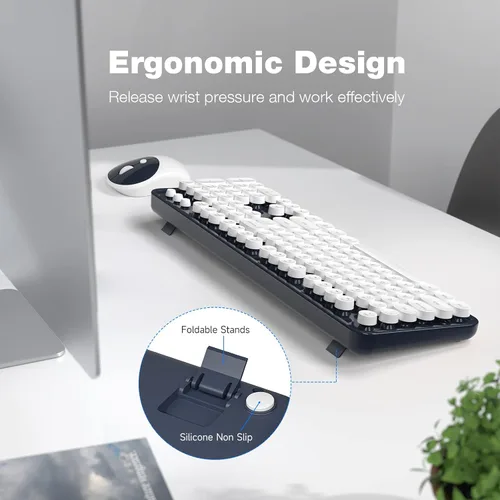 Miniatura 39 de KNOWSQT Combo de teclado y ratón inalámbrico, teclados lindos de tamaño completo estilo máquina de escribir 2.4G azul colorido - receptor USB Plug