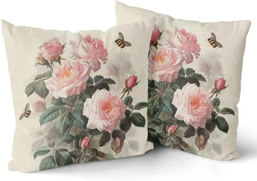 Miniatura 2 de Sweetshow Juego de 2 fundas de almohada con estampado floral de rosas rosadas de 18 x 18 pulgadas, diseño vintage de hojas y abejas, arte moderno