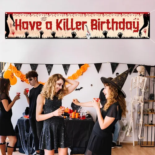 Miniatura 4 de Labakita Cartel grande de cumpleaños con texto en inglés "Have a Killer", decoración de fiesta de cumpleaños de Halloween, terror de terror