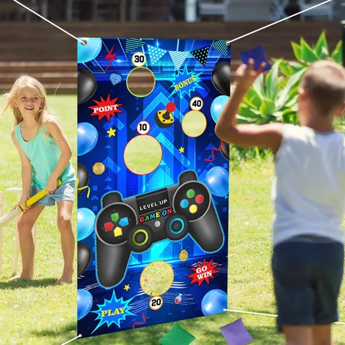 Videojuegos de lanzamiento, control de videojuegos de nivel, telón de fondo con 3 bolsas de frijoles para niños, suministros de fiesta de juegos