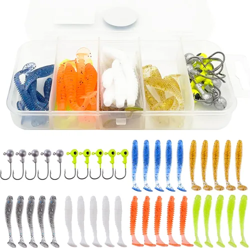 Miniatura 7 de 40 piezas de gancho de cabeza de plantilla, señuelos suaves, cebo de silicona artificial, gusano de pesca suave, kit de aparejos para pesca de 40