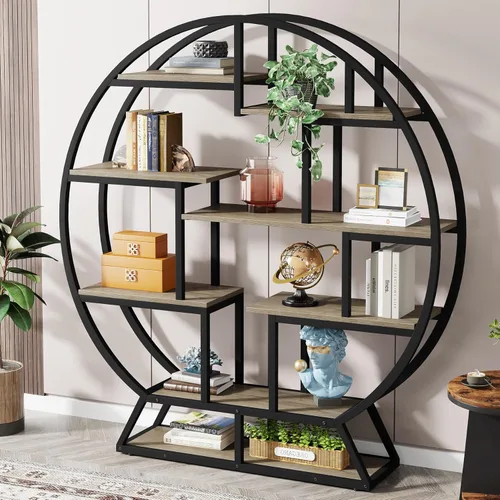 Tribesigns Estantería redonda Etagere, estantería de madera industrial de 63 pulgadas con estantes escalonados, estante organizador de estantes Gris