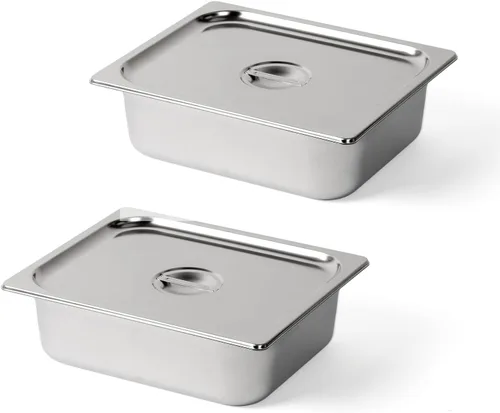 ROVSUN Sartén de hotel de tamaño medio, paquete de 2 bandejas de mesa de vapor de 4 pulgadas de profundidad con tapa, acero inoxidable antiatascos