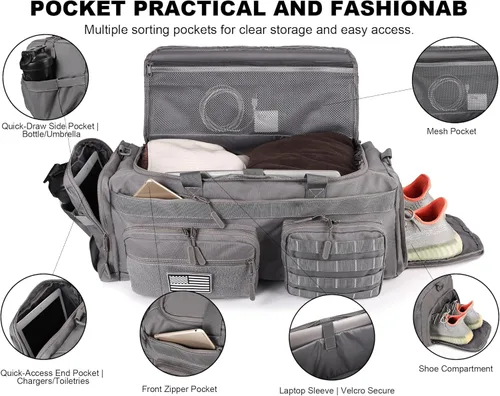 Miniatura 4 de LHI Bolsa de lona táctica de 50 L para hombres, bolsa de lona y mochila 3 en 1, compartimento para zapatos, funda para laptop y MOLLE, bolsa