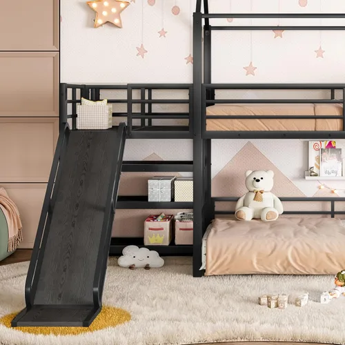 Miniatura 6 de Bellemave Litera individual sobre cama individual con tobogán, litera de piso para niños con escaleras de almacenamiento y barandilla de longitud