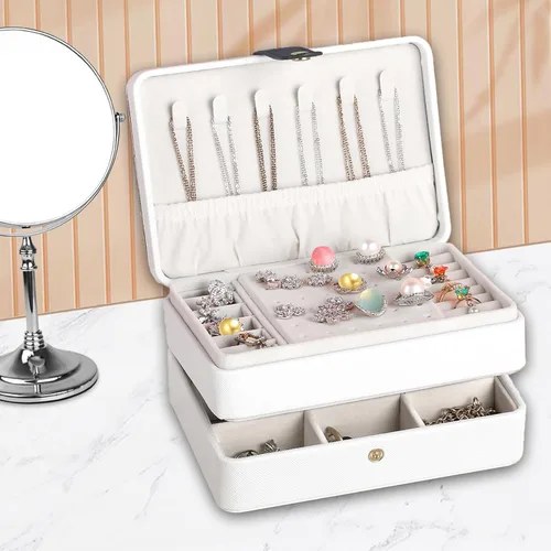 coobest Joyero, organizador de joyas de 2 capas con organizador de aretes de terciopelo, organizador de joyas de viaje, pequeñas cajas de joyería